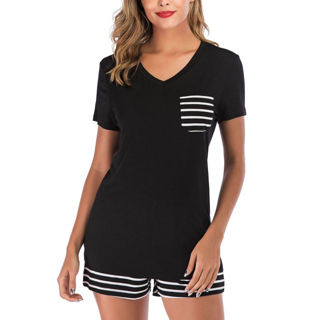 Conjunto de pijamas de verano para mujer, ropa de dormir a rayas, cuello en V, manga corta, ropa de descanso para el hogar