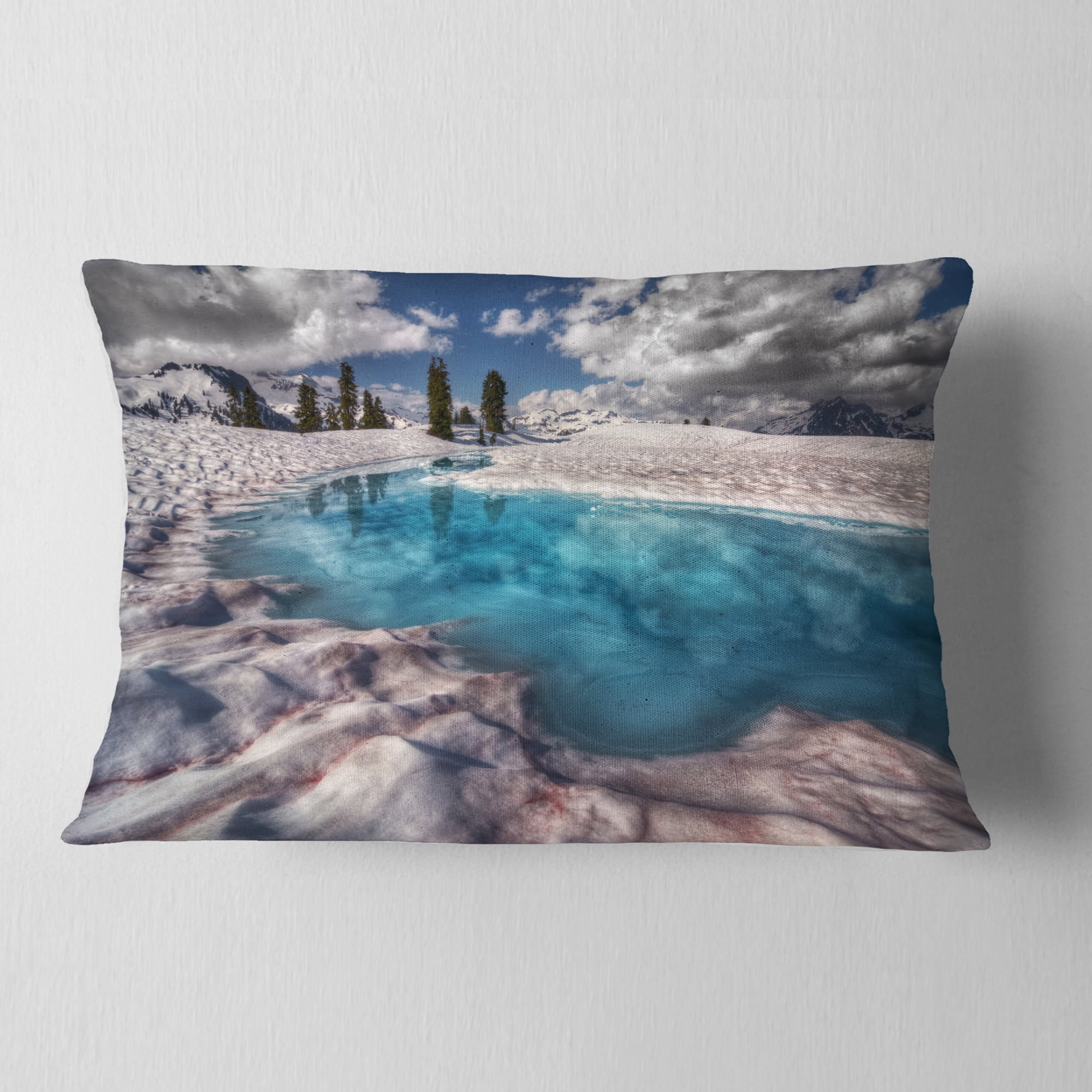 Designart Amazing Blue Melt Lake in Fog - Landscape Printed Throw Pillow - 12x20