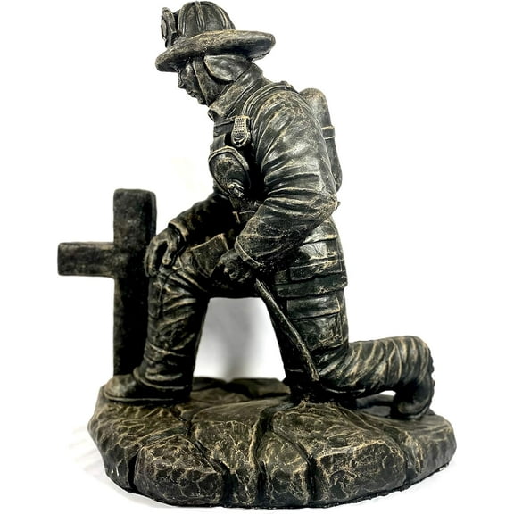 Solid Rock Stoneworks Kneeling Fireman at Cross Statue - Concrete - Autumn Brown-19 Tall x 9" w x 18" d