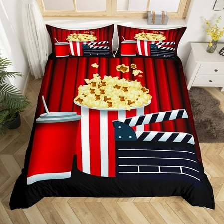 

YST Popcorn Bucket Duvet Cover Queen Soda Cup Bedding Set Clapboard Red Cinema Curtains Background Comforter Cover For Adult Men Women Colorful Design Bedroom Decor Quilt Cover (No Comforter)