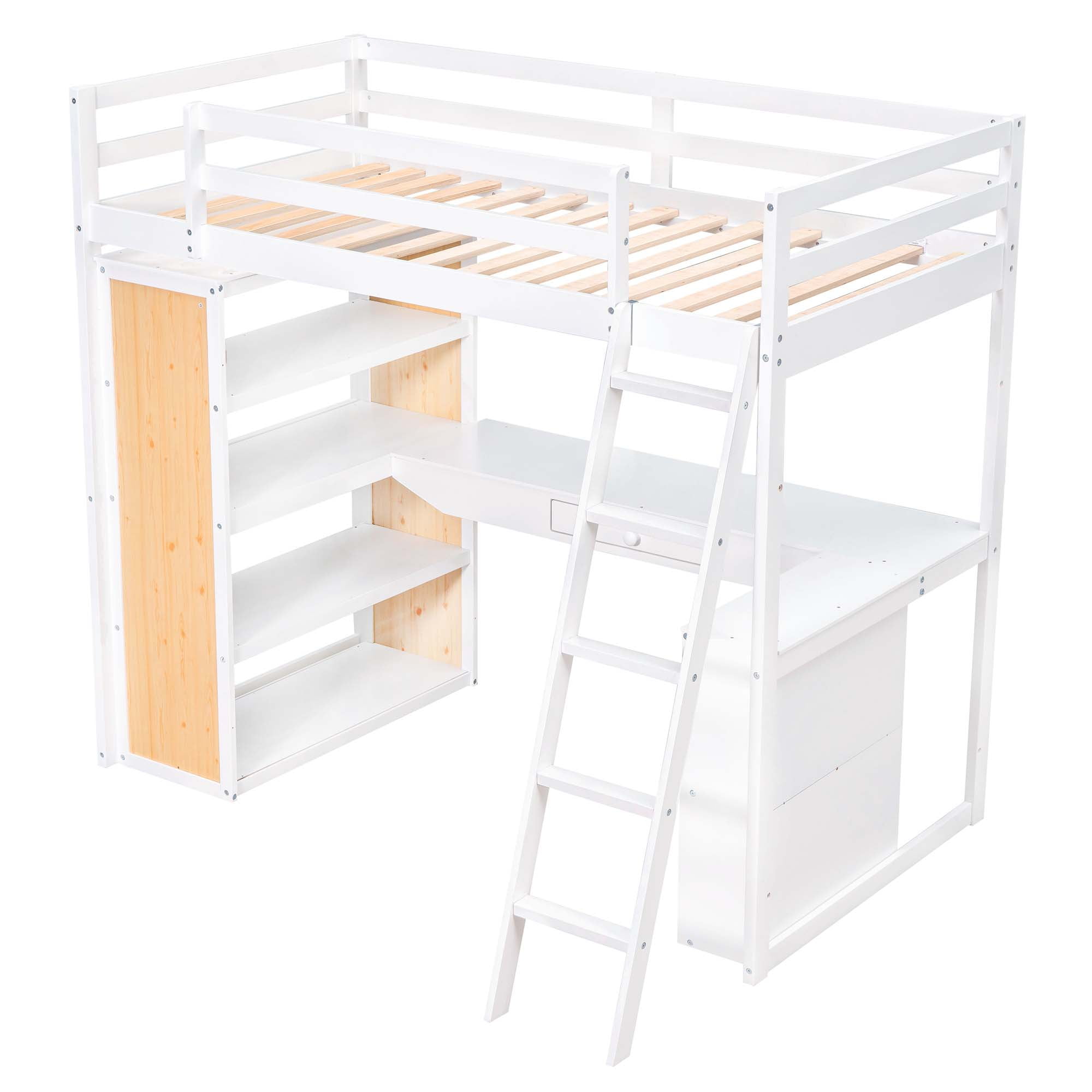 Aukfa Twin Loft Bed with Desk and Storage Shelves, Wood Loft Bed with Drawer for Kids, Teens - White