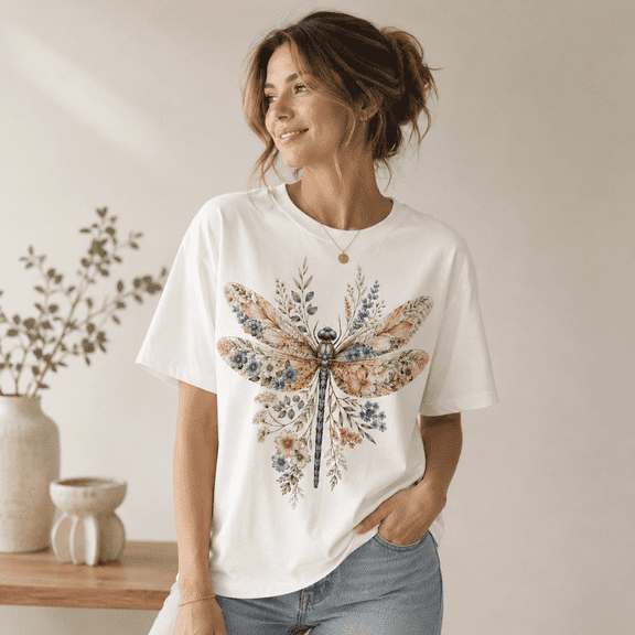 Dragonfly T Shirt Floral Flowers Botanical Cottagecore Women Gift