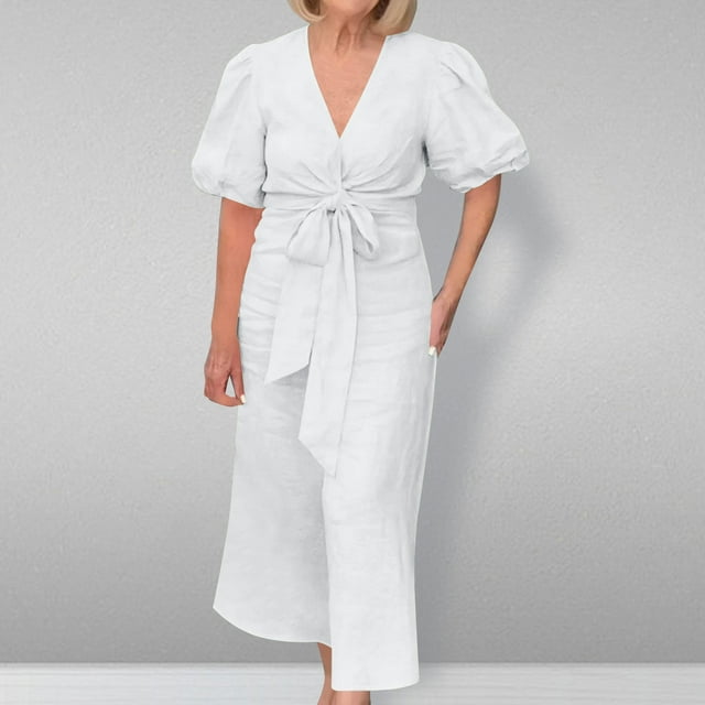 LOVZFMLL Women's Summer Solid Color Short Sleeve -Neck Dress White 4XL