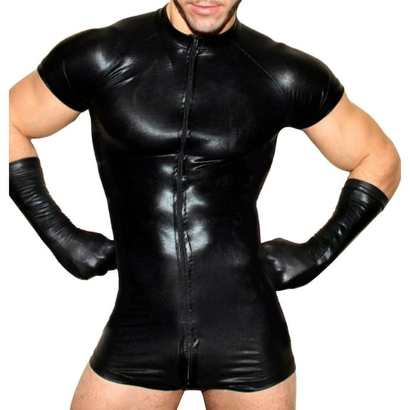 BYHONG Leather Mesh Splicing Male T-Shirt Shorts Jumpsuit Sexy Leather Underwear Black L