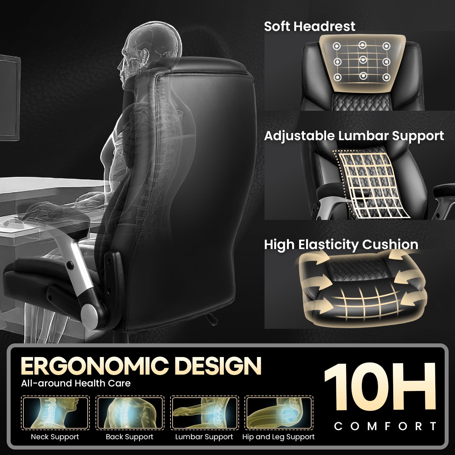Waleaf Big and Tall Executive Office Chair 500lbs with Flip-up Arms & Adjustable Lumbar Support,Heavy Duty High Back Computer Chair for Adults