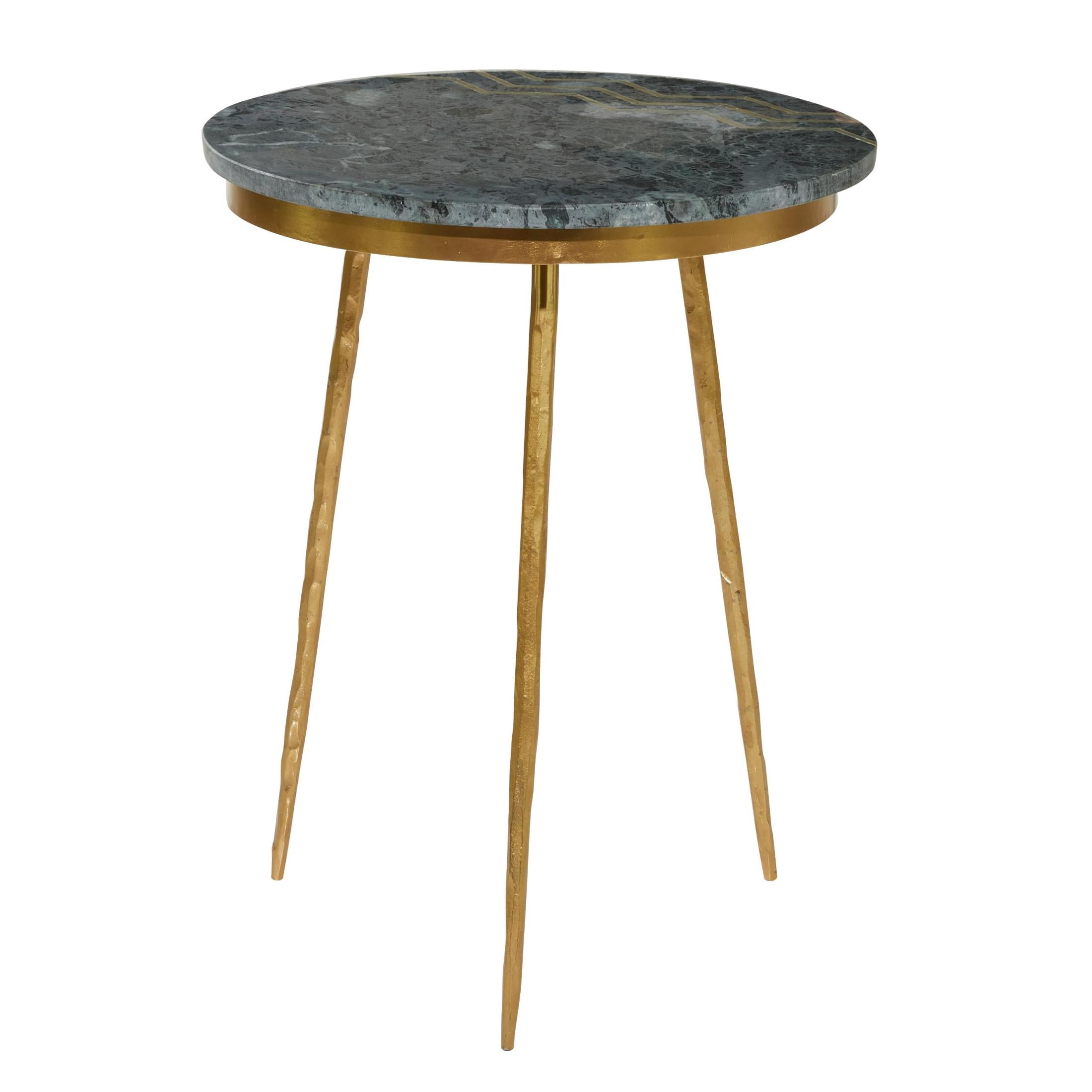 DecMode 16" x 20" Green Marble Accent Table with Gold Metal Tripod Legs and Zig-Zag Detail, 1-Piece