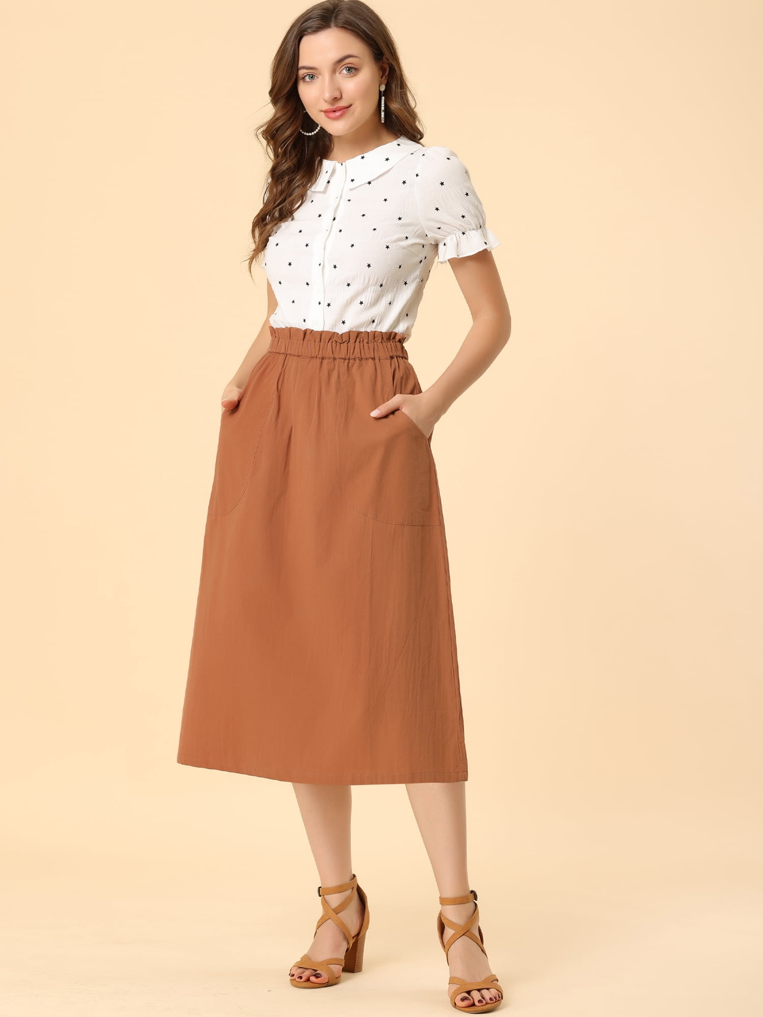 DARING DIVA Women's Cotton A-Line Midi Skirt with Pockets XS Brown