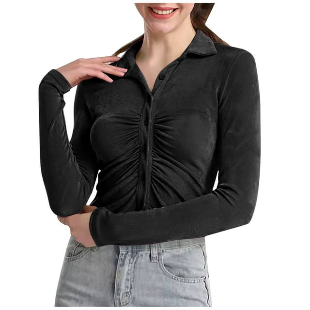 Camisas Para Mujer Camisetas de Gran Tamaño Manga Larga Casual Solapa Un Solo Pecho Color Sólido Camiseta Ajustada Top Odeerbi ODB136593