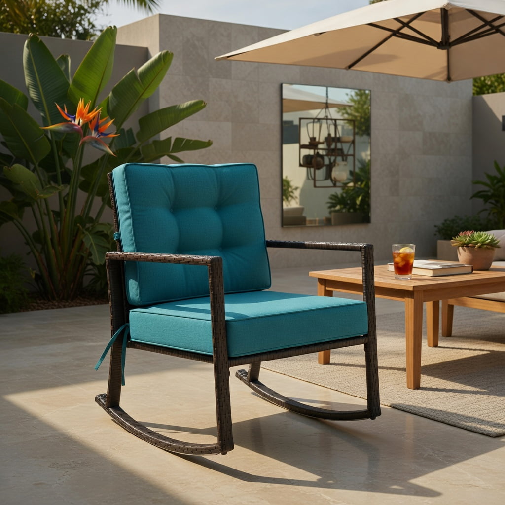Hommoo Outdoor Rattan Rocking Chair with Thick Tufted Cushions, Weather-Resistant Patio Glider for Deck, Backyard & Garden, Turquoise