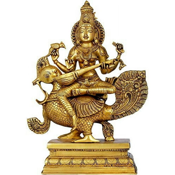 19" Brass Devi Saraswati Statue – Enchanting Four-Armed Goddess Seated on Peacock with Veena, Book, and Parrot | Handcrafted Indian Spiritual Home Decor