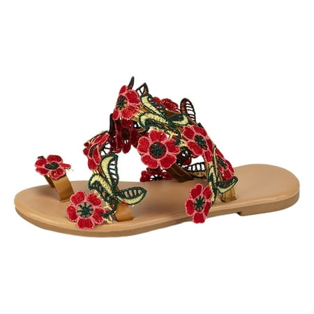 

PMUYBHF Female Summer Sandals for Women 2024 Platform Ladies Summer Casual Flowers Bohemian Style Beach Large Size set Toe Flat Sandals Slippers Red 42