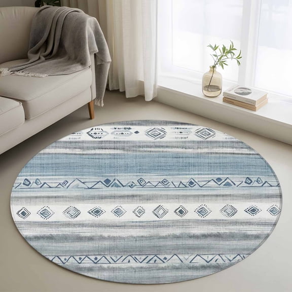 Round Rugs 4Ft, Blue Grey Round Area Rug Washable Indoor Throw Carpet, Modern Abstract Vintage Texture Soft Non Slip Circle Rug for Kitchen Nursery Room Home Decor Aesthetic