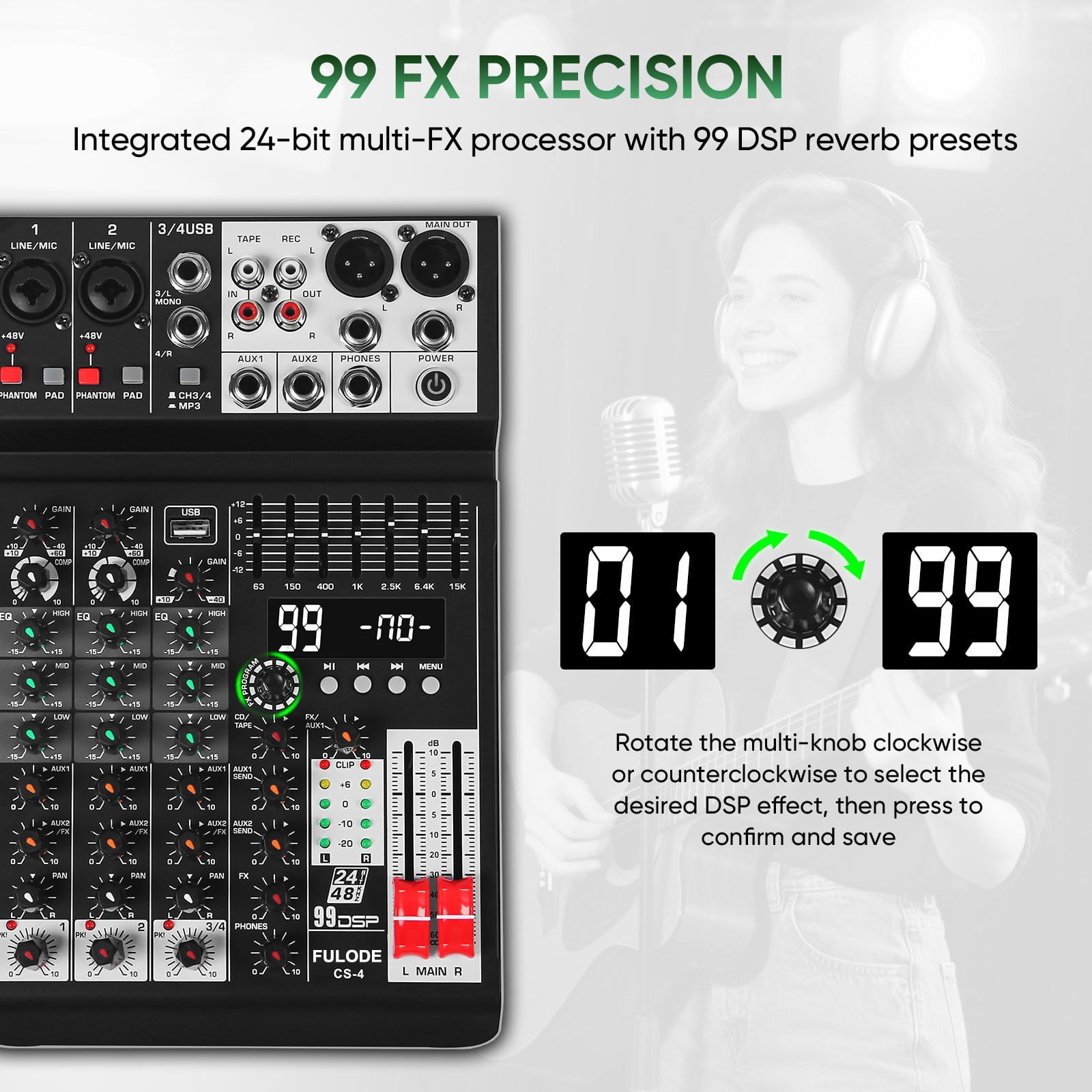 Audio Mixer 4 Channel Sound Mixer Console, Professional Music Mixing Board DJ Mixer w/ 99 DSP, 7-band EQ, USB, Bluetooth, 48V Phantom Power & PAD Function for Recording PA Live Live Streaming
