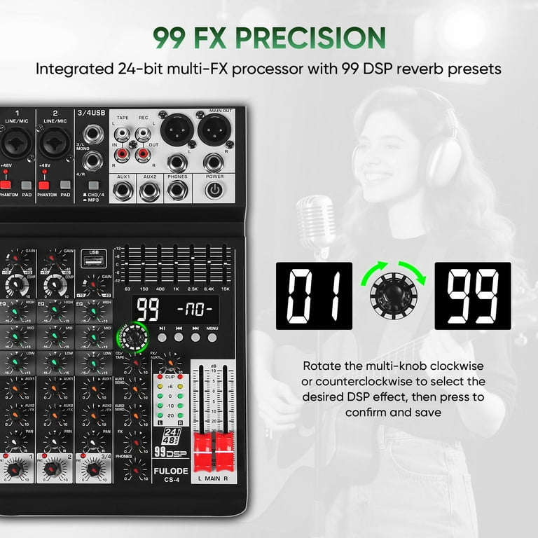 Audio Mixer 4 Channel Sound Mixer Console, Professional Music