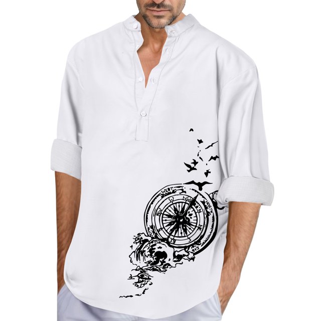 Camisas Vaqueras Para Hombre Camiseta estampada de manga larga con cuello levantado para hombre, informal, a la moda, para vacaciones en la playa (White, S)