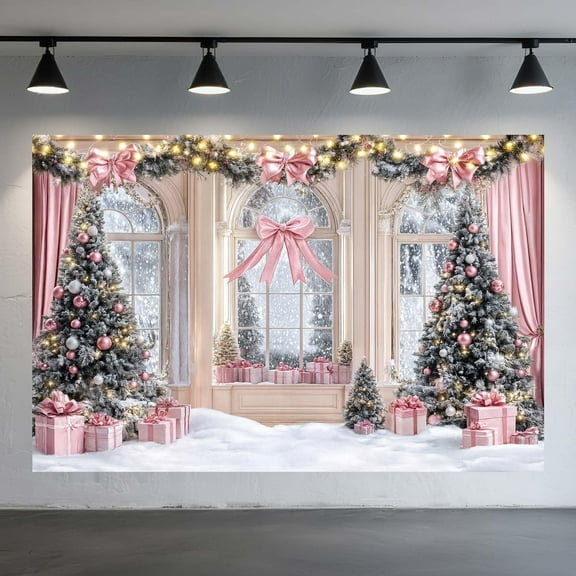 9x6ft Pink Christmas Backdrop Pink Bow Winter Snow Scene Pink Xmas Tree Fireplace Photography Background Christmas Girls Birthday Party Decorations Holiday Family Photo Studio Props Pictures