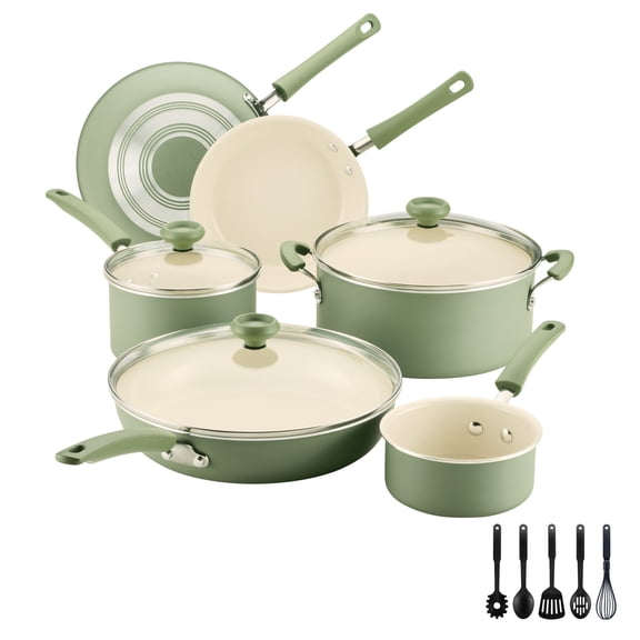 Open Box Farberware Easy Clean 14 Pcs Ceramic Nonstick Cookware Set with Cooking Tools, Dishwasher Safe, Green