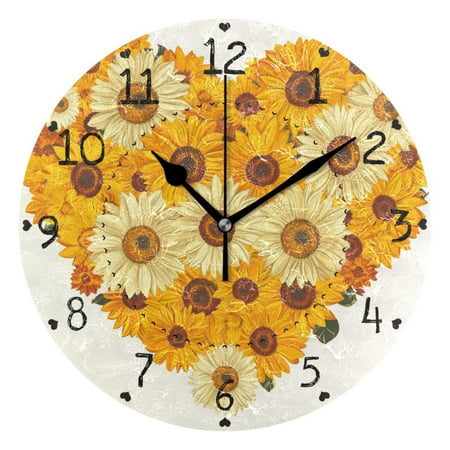 Sunflower Shaped Heart Round Wall Clock Silent Analog Battery Operated Black Pointer Home Decor 9.84 Diameter