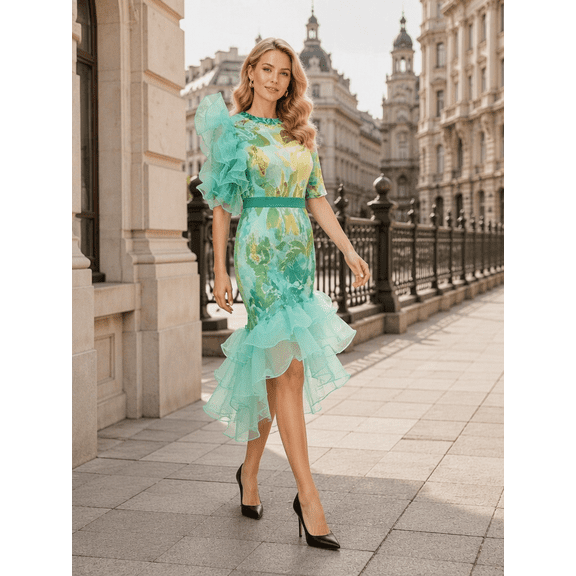 Tbfashion Plus Size Womens Midi Dress Ruffle Mesh Fashion Guest Dresses for Party