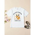 thumbnail image 1 of Halloween T-shirt - "You Can't Scare Me I Have a Cat" Cartoon Ghost & Pumpkin Print, Soft Stretchy Fabric, Round Neck Casual Top for Boys & Girls, Perfect for Holiday Parties &, 1 of 6