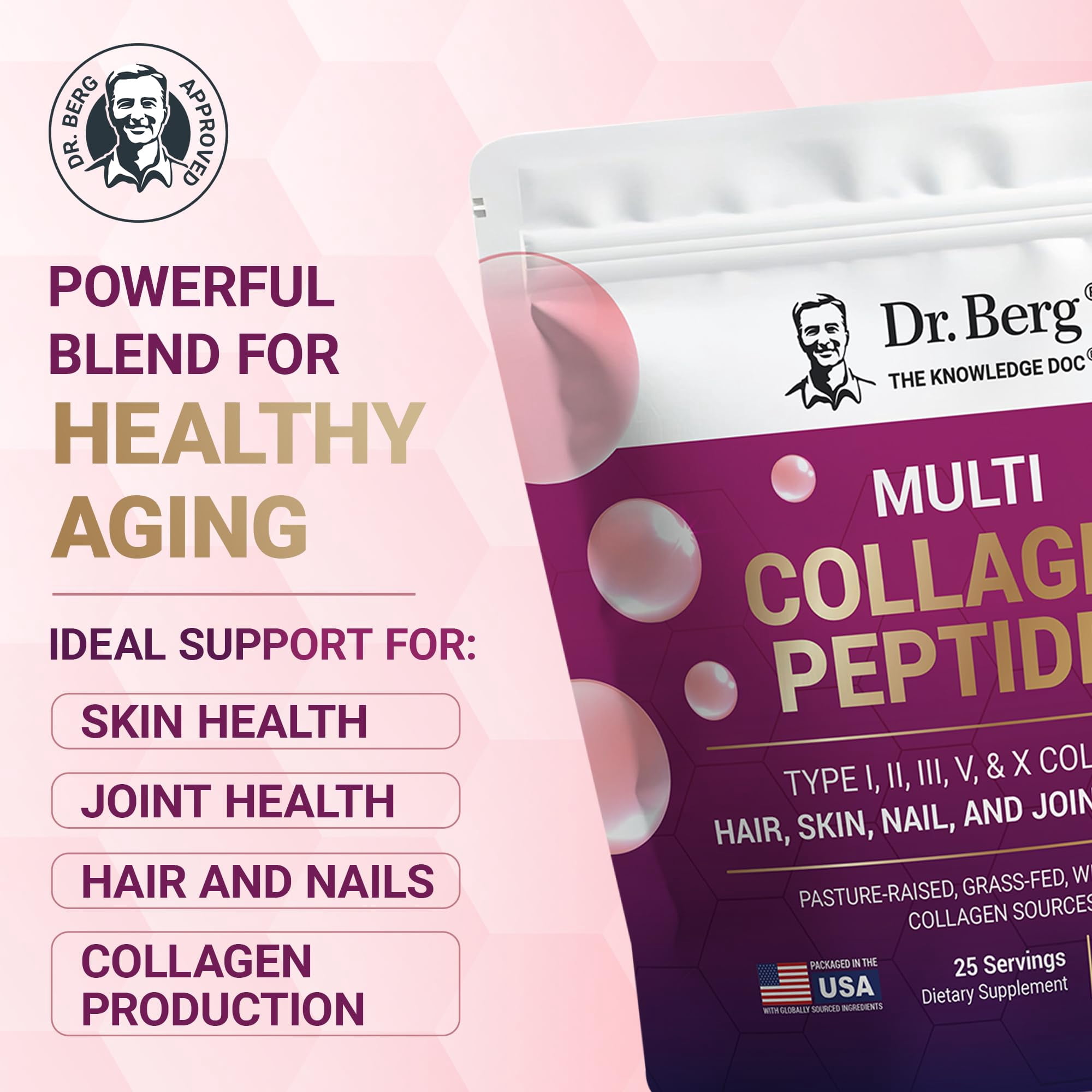 Dr. Berg Multi Collagen Peptides Powder - Types I, II, III, V, X Collagen Powder for Hair, Skin, Nails, & Joint Health, 25 Servings