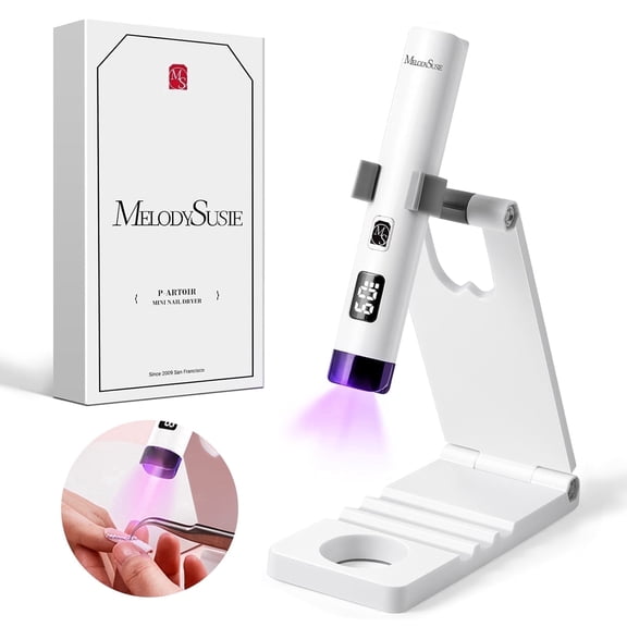 MelodySusie Mini Handheld UV Light for Gel Nails with Stand, P-ART01R Portable Cordless UV Nail Lamp with LCD Display, White