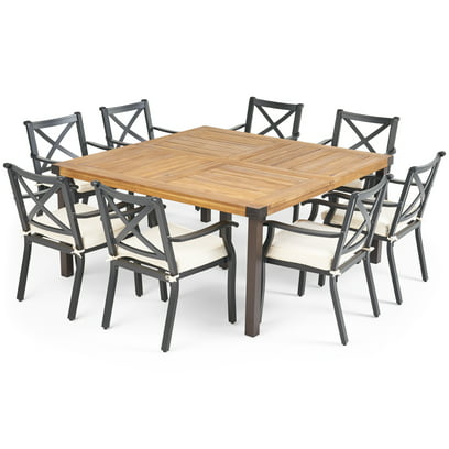 Trenton Outdoor 8 Seater Acacia Wood and Cast Aluminum Dining Set with Cushions
