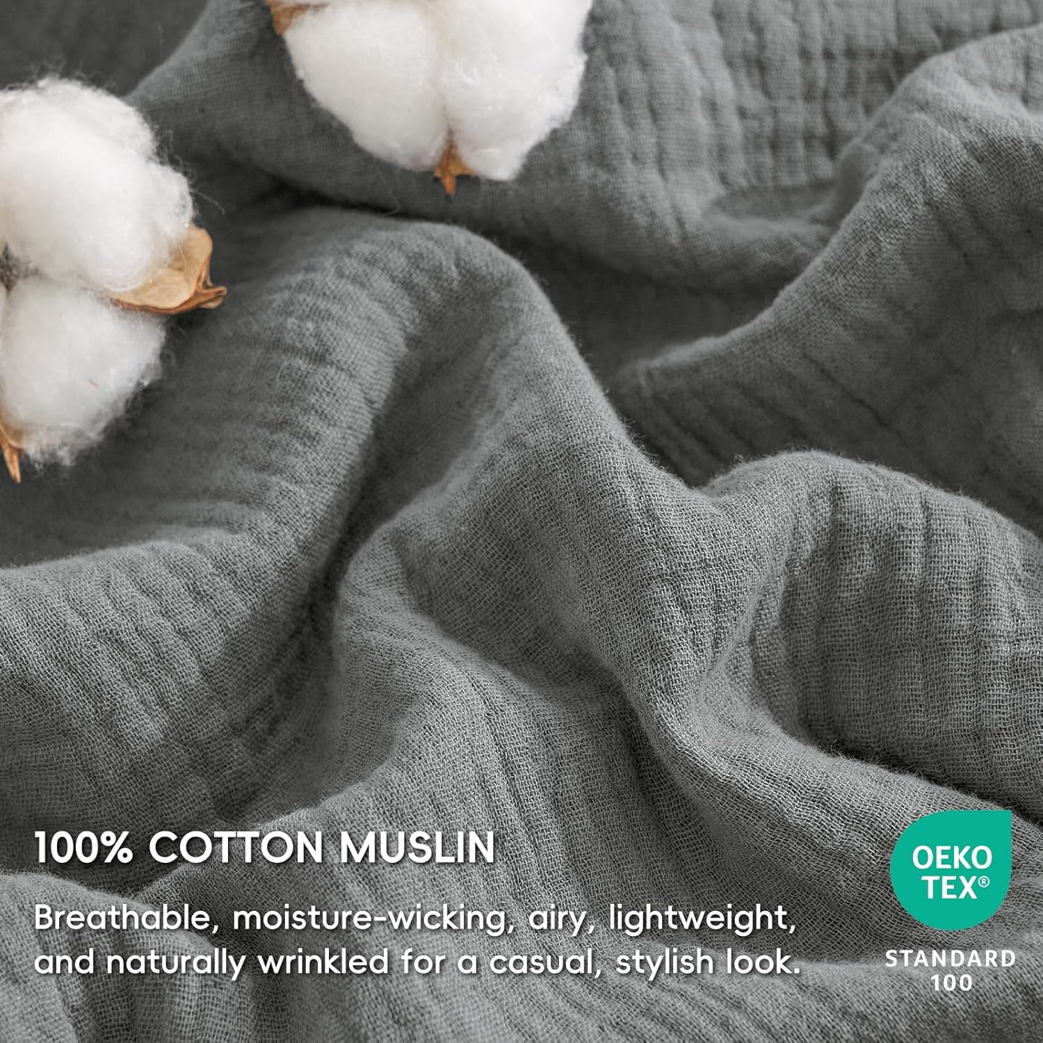 PHF Cotton Muslin Comforter Set King Size, Ultra Soft, Breathable & Lightweight Bedding Set for All Seasons, 1 Comfy Comforter 104"x90", 2 Pillow Shams 20"x36", Grey