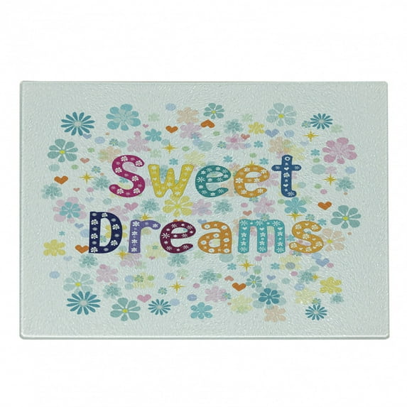 Saying Cutting Board, Colorful Letters with Little Flowers on a Blossoming Background Slumber Party, Decorative Tempered Glass Cutting and Serving Board, Small Size, Multicolor, by Ambesonne