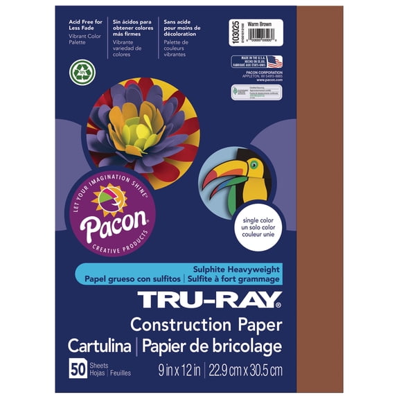 Pacon Tru-Ray Construction Paper, 50 Sheets, 9 in x 12 in, Warm Brown