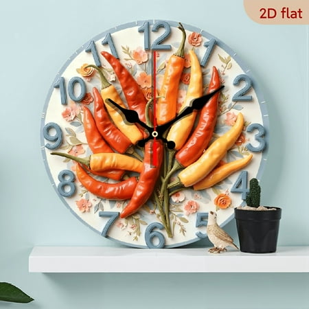 A 10-inch 2D flat wooden circular clock with a "Red and Yellow Pepper" theme. It is suitable for decoration in bedrooms, living rooms, and offices. It is an ideal gift for Christmas and New Year.