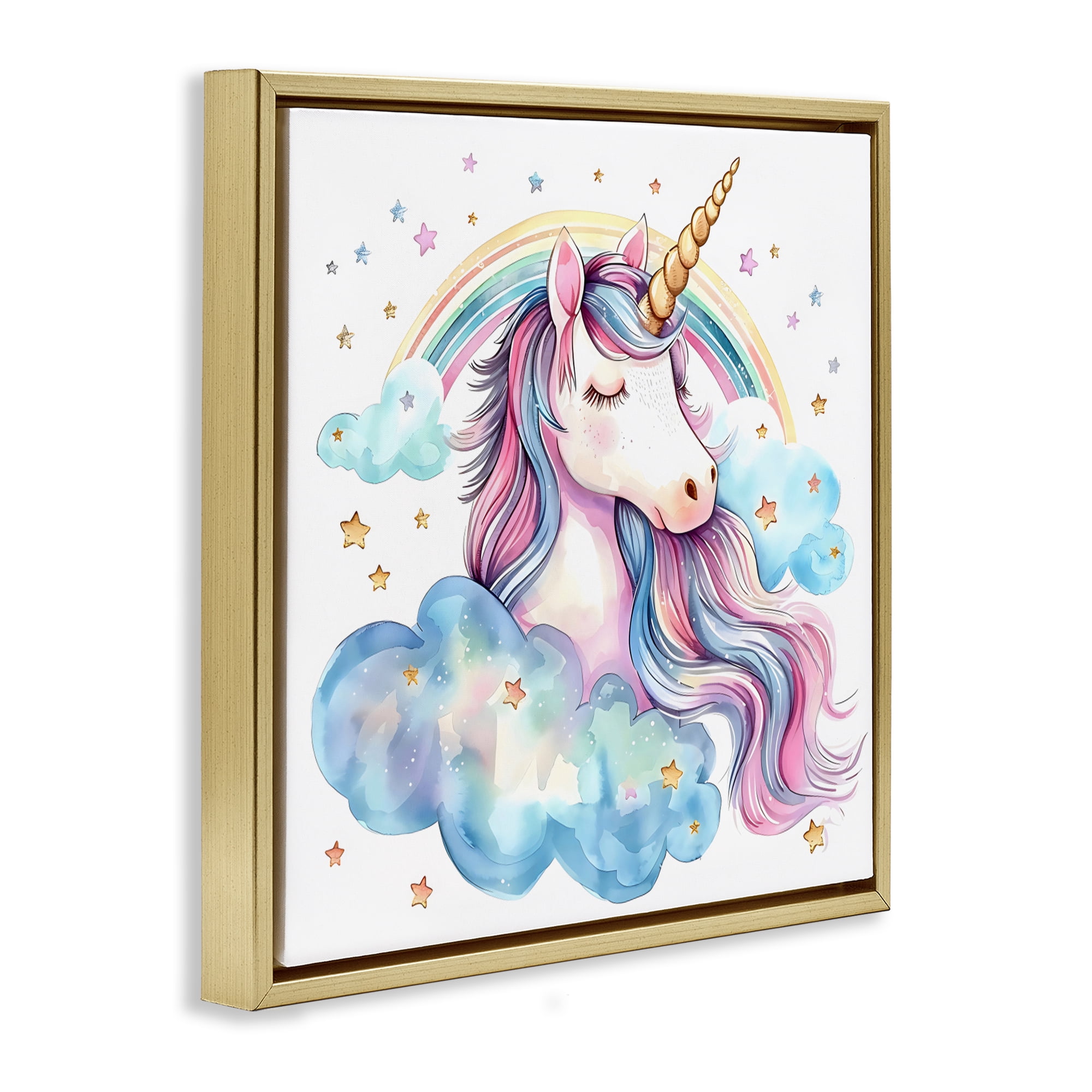 Stupell Industries Cute Happy Unicorn & Rainbow Gold Framed Floater Canvas Wall Art, design by Creative Studio