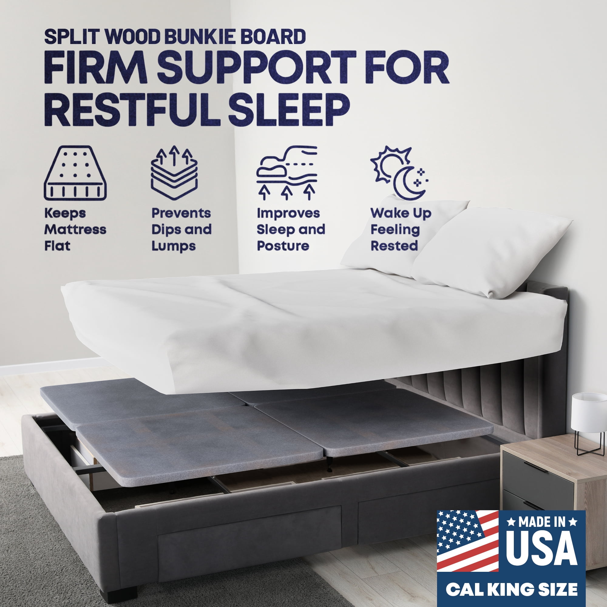 Continental Sleep, 1.5" Split Wood Bunkie Board California King Size Bed, 4-Piece Under Mattress Support, Fully Assembled, Fabric Ventilation Cover-Replaces Wooden Slats or Box Spring for Bed Frames