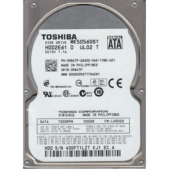 MK5056GSY, LH002D, HDD2E61 D UL02 T, Toshiba 500GB SATA 2.5 Hard Drive