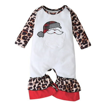 

Xmas Baby Boys Girls Long Sleeve Leopard Print Patchwork Cute Cartoon Romper Jumpsuit Christmas Outfits Clothes For 6-9 Months