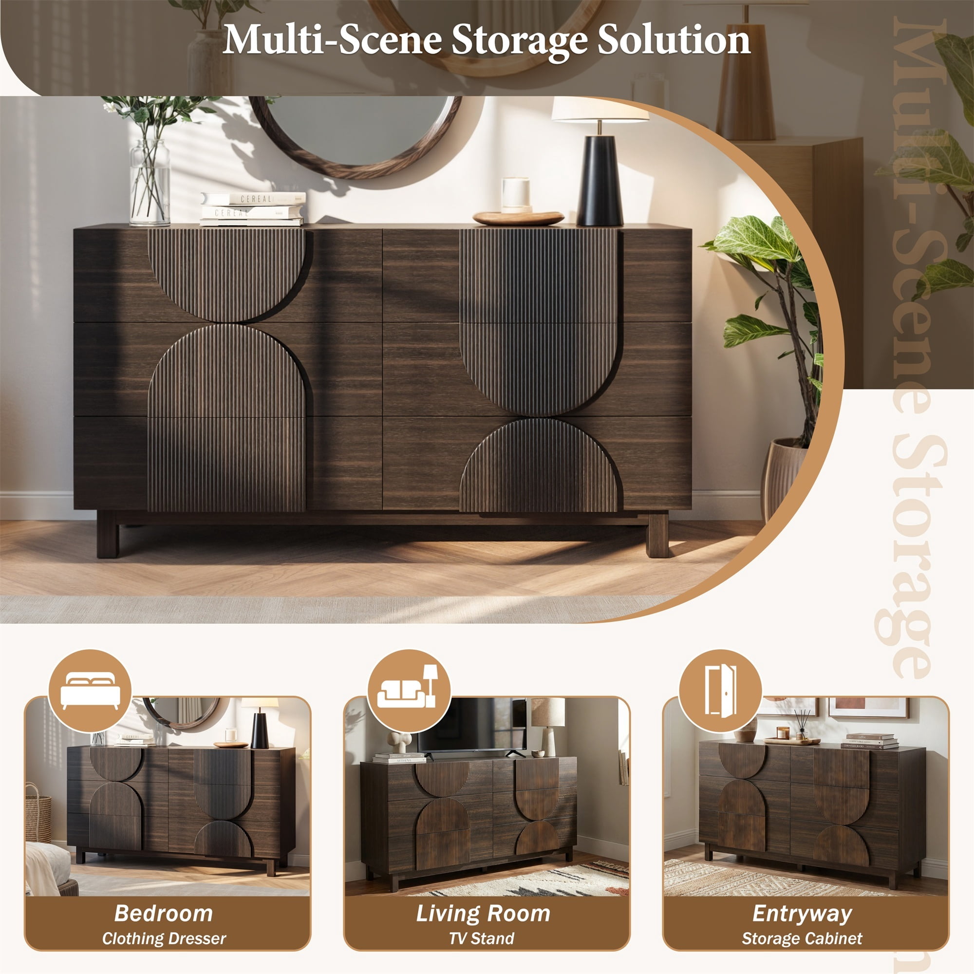 Alvantor 6 Drawer Dresser, 60" Wide Wooden Chest of Drawers, Fluted Dresser for Bedroom,Living Room, Hallway Dark Brown