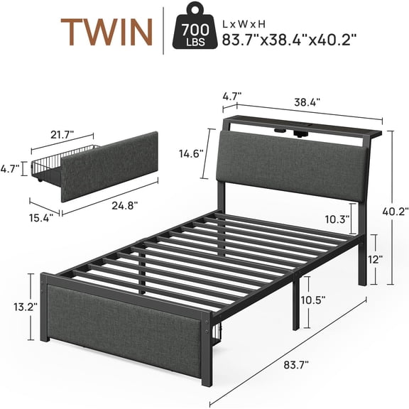 Twin Bed Frame with Ergonomic Headboard Storage & Charging Station, Upholstered Platform Bed with LED Light & Drawer, Heavy Duty Metal Slats, Noise , No Box Spring Needed,