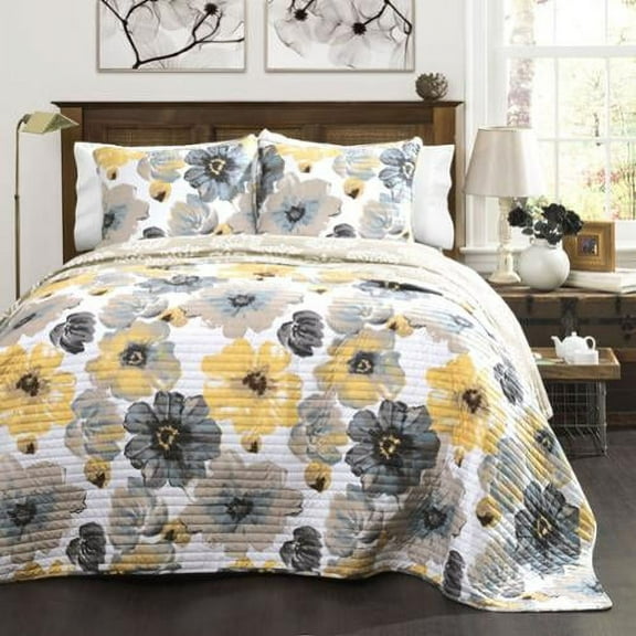 Maison Rouge Levine Reversible Floral/ Damask 3-piece Quilt Set Yellow & Gray Full - Queen Polyester Adult Cotton Floral Floral