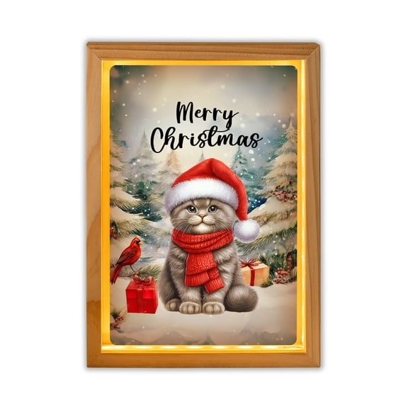 Merry Christmas Scottish Fold Enjoys Catmas Winter Xmas Holiday Acrylic Plaque with Wood Photo Frame Box Cat Lover Kitten Owner Gifts Light Box - 02022