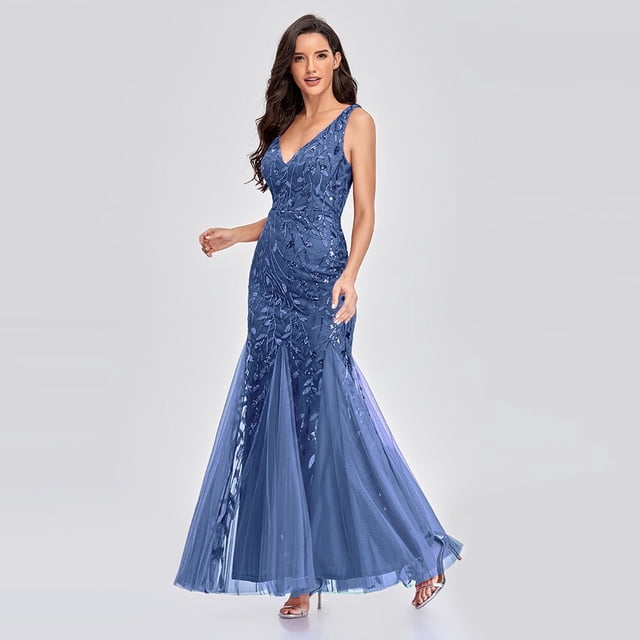 Robes de Cocktail Sans Manches à Col en V en Tulle à Paillettes, Dos en V, Sirène, de Fête et de Bal, Robes pour Femmes, Occasion Formelle, Robe Brodée, Vestioes