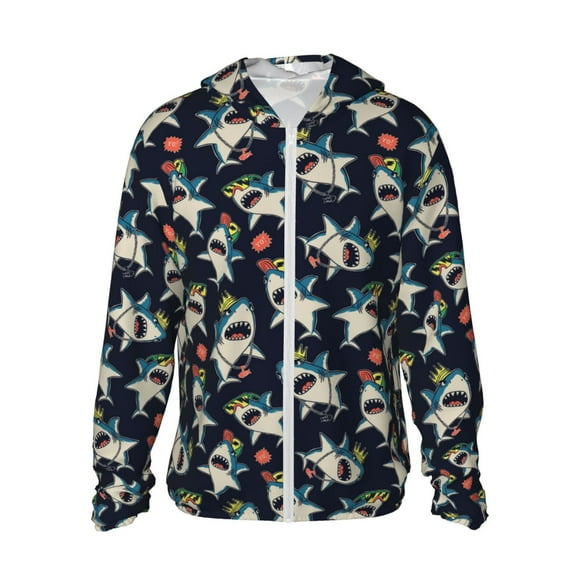Cauagu Requins de Dessin Animé pour Protection Solaire Chandail à Capuchon pour Hommes et Femmes, Manches Longues Maillot Dermoprotecteur Pêche Course Séchage Rapide Léger-TG