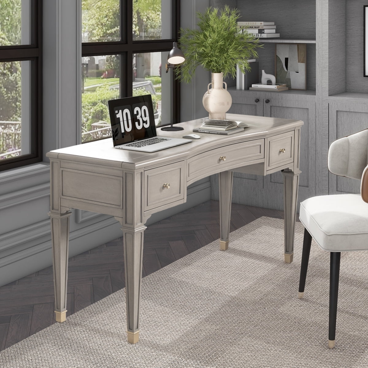 Newboti Furniture Dauphin 55" 3-Drawer Wood Executive Desk Grey Cashmere Rubber Wood & Veneer BN.7752