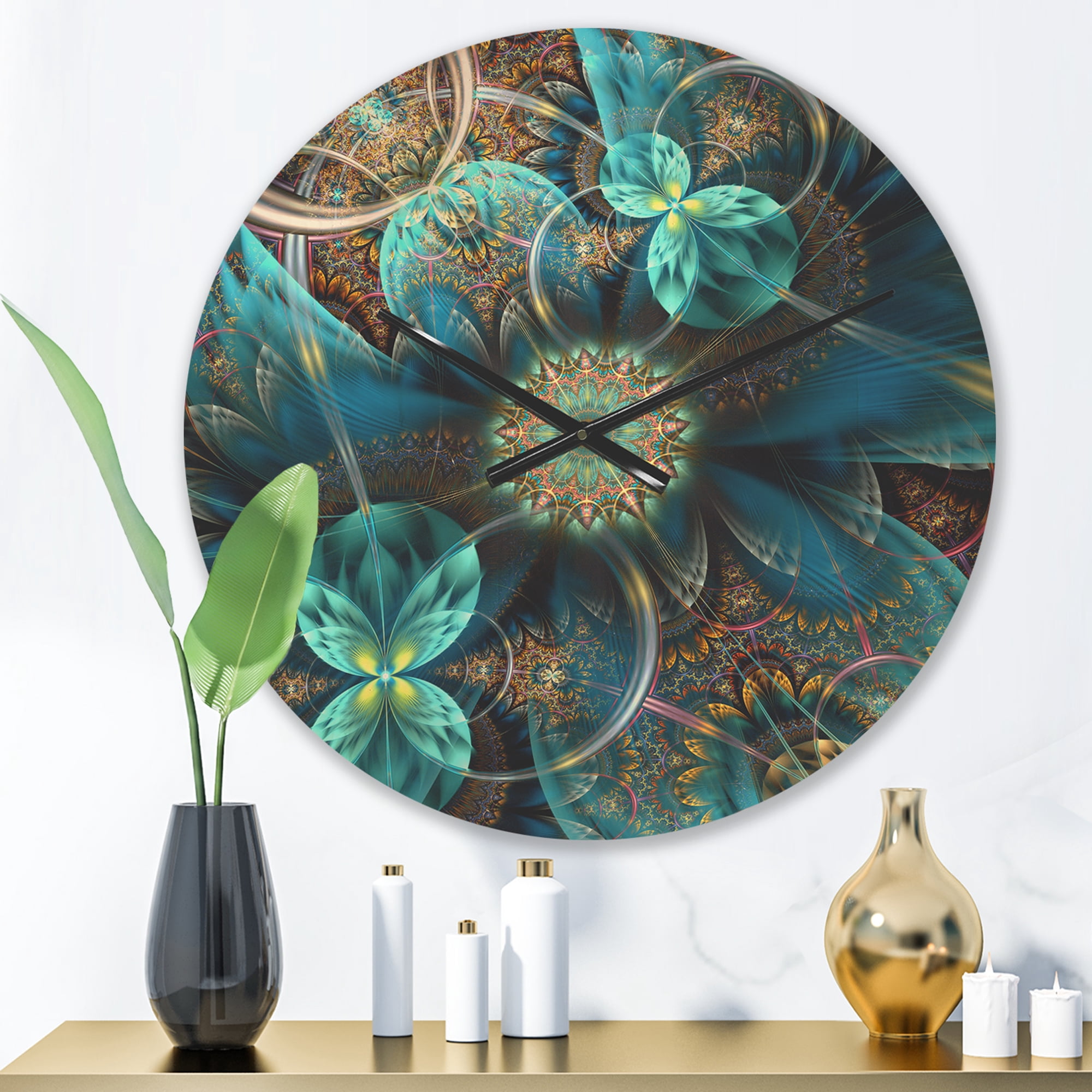 Designart 'Fractal Blue Flowers Pattern' Modern Wood Wall Clock