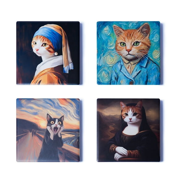 Ceramic Coasters Set of 4 – Cat Art Drink Coasters with Cork Backing, 3.9x3.9 in