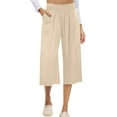 thumbnail image 3 of Linen Beige Crop Pants for Women Lightweight High Waist Bell Bottom Comfy Capri Pants Elastic Stretch Summer Gauze Pants with Pockets S, 3 of 5