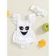 thumbnail image 2 of Cjfdfy Newborn Baby Girl Boy Halloween Outfit Corduroy Romper Overalls Fall Clothes Witch Pumpkin Embroidered Ruffled Square Neck Overalls Bodysuit Playsuit Headband Set, 2 of 5