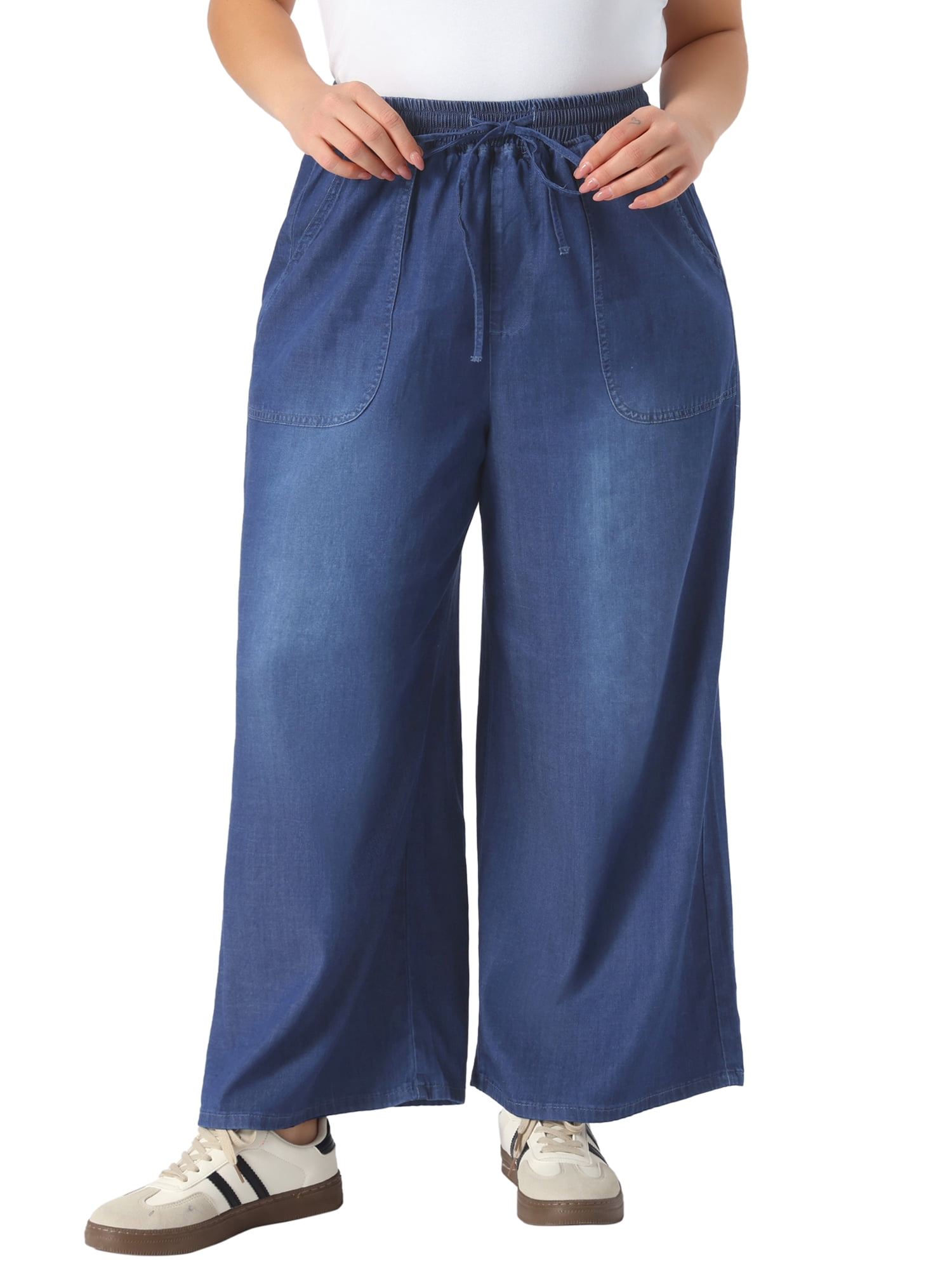 DARING DIVA Women's Plus Chambray Baggy Fit Jeans Denim Pants with Pockets 2X Dark Blue