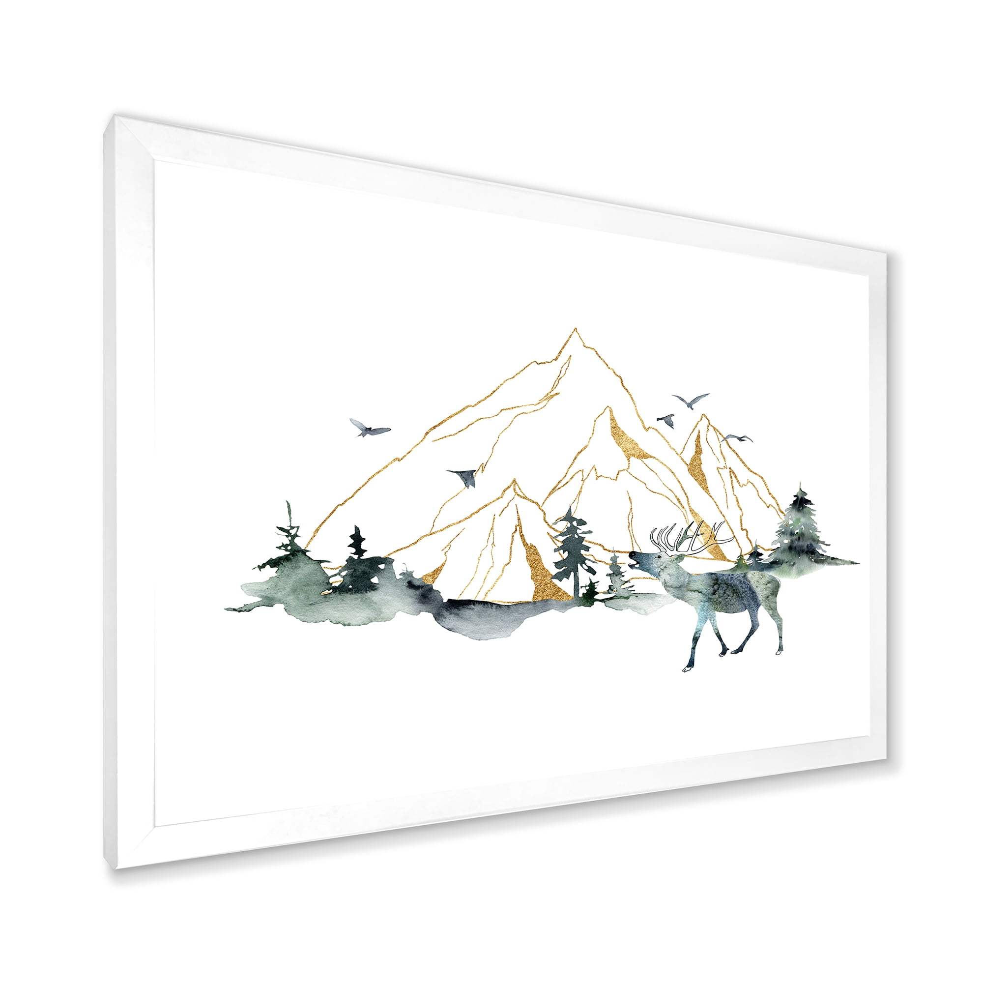 Designart 'Minimalistic Landscape of Forest Deer and Mountains' Modern Framed Art Print