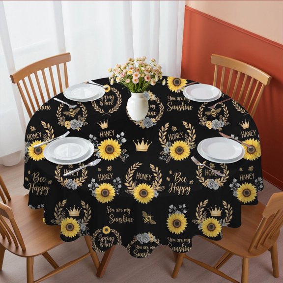 Sunflower and Text Black Pattern Round Tablecloth 70"x70", Wrinkle Resistant Wipeable Table Cover for Kitchen Dining Room Picnic Patio and Party