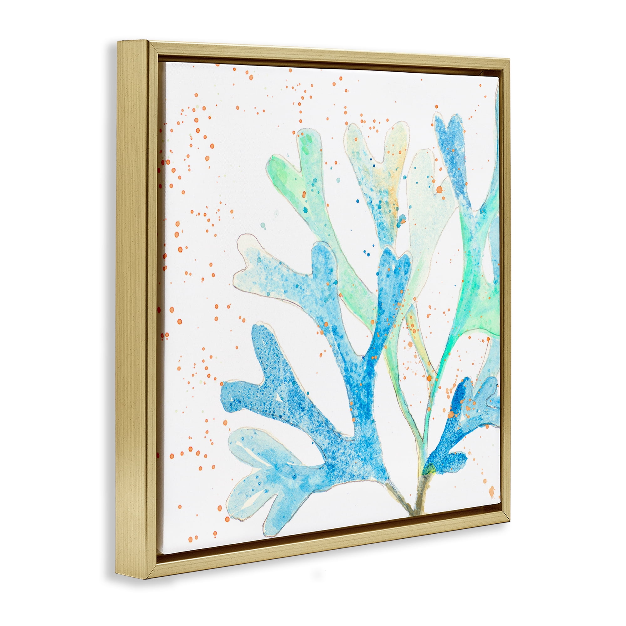 Stupell Industries Modern Blue Coral Coastal Painting Gold Floater Framed Canvas Art Print Wall Art, 18 x 18